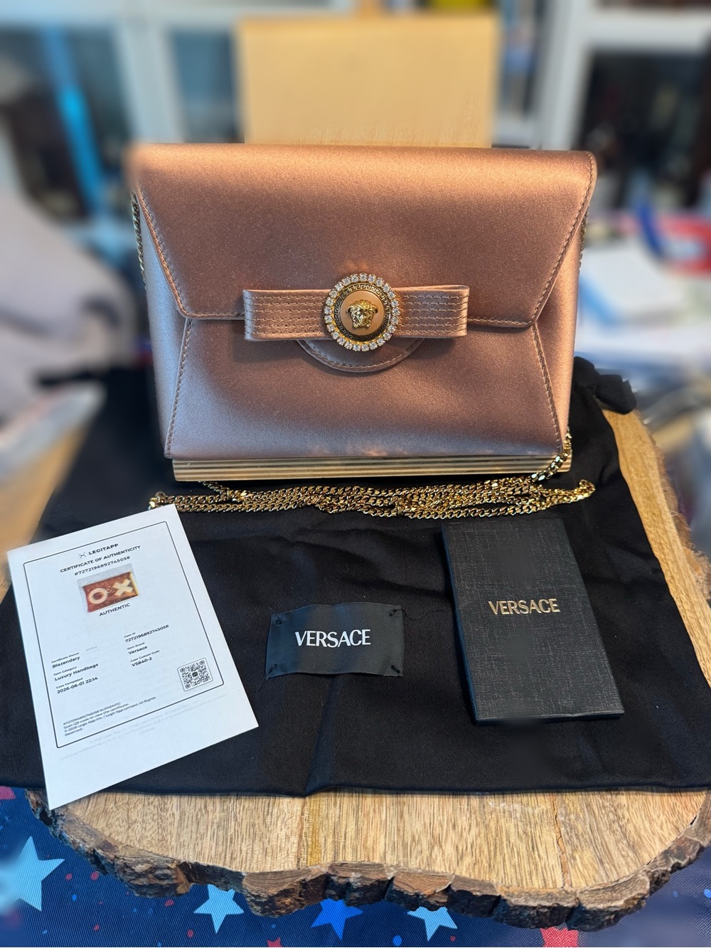 Versace Gianni Ribbon Satin Clutch with Crystal Medusa Embellishment